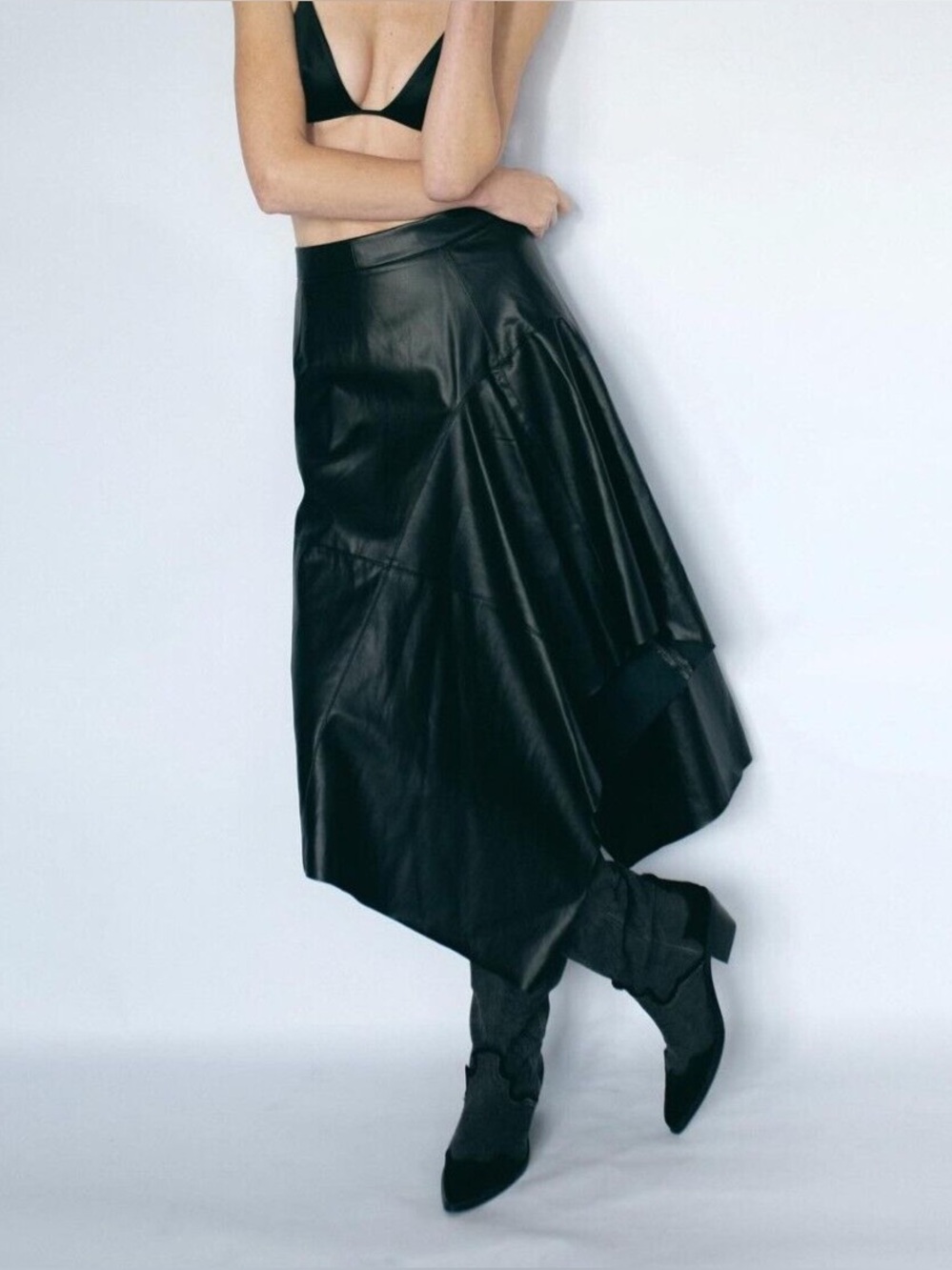 Zara Black Asymmetric Leather Midi Skirt